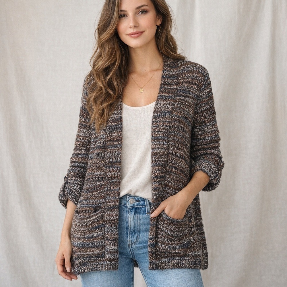 Chunky Brown Navy Cream Marl Open Knit Cardigan M Boho Pocket Cozy Relaxed Fit